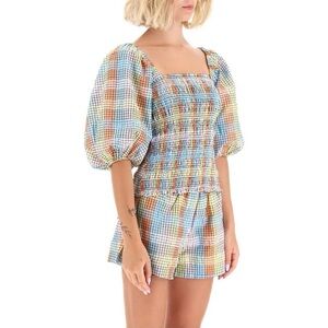 Ganni TOP Pastel Rainbow Plaid Checkerboard Puff Smocked Blouse size 36 medium